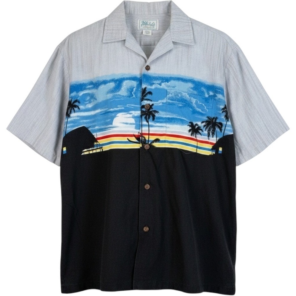 Kolekole Hawaiian Shirt Mens Palm Tree Beach Scene Button Up Size Small Vintage